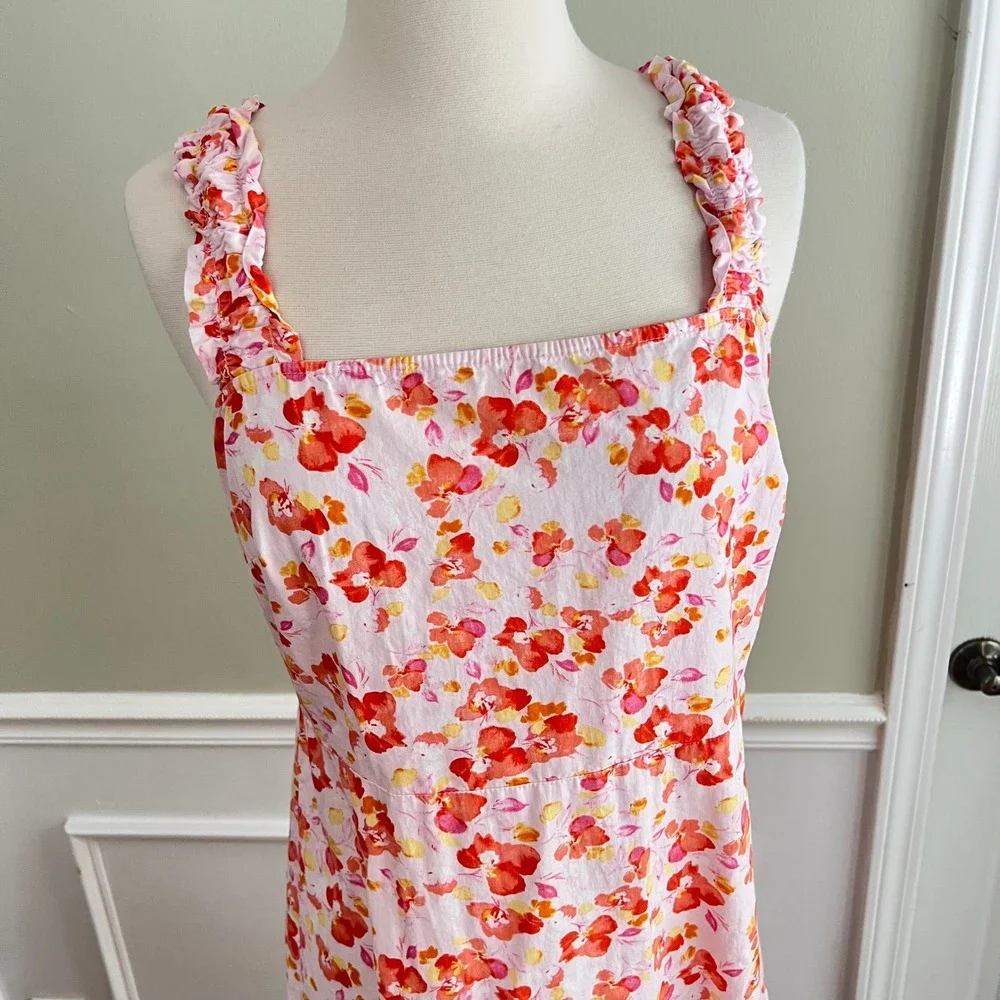 Floral Midi Dress Womens‎ PM or S/M Ruffle Strap Cotton Pink Orange  Sundress